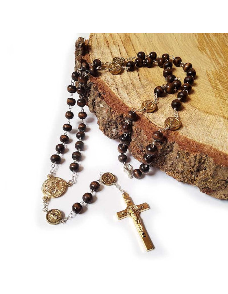 Rosario medaglia di San Benedetto, legno metallo dorato - moschettone