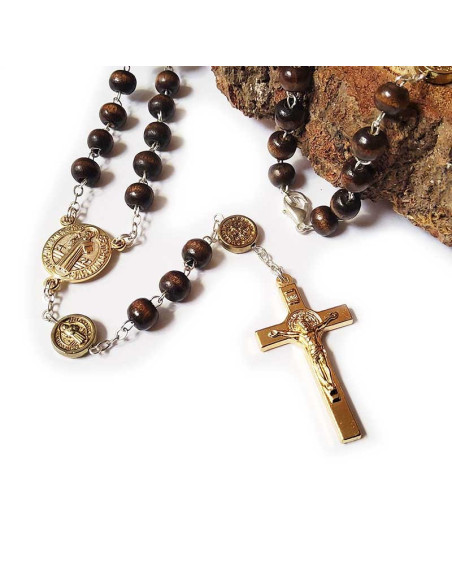 Saint Benedict medal rosary, gold metal wood - carabiner