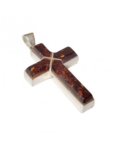 Pendentif croix en ambre et argent 925