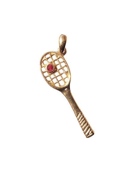 Pendentif raquette tennis - métal doré et strass rouge
