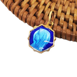 Medalla Virgen Mar&iacute;a y Aparici&oacute;n de Lourdes - Metal dorado esmaltado en azul