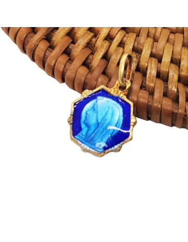 Virgin Mary & Apparition of Lourdes medal - Blue enamelled gold metal