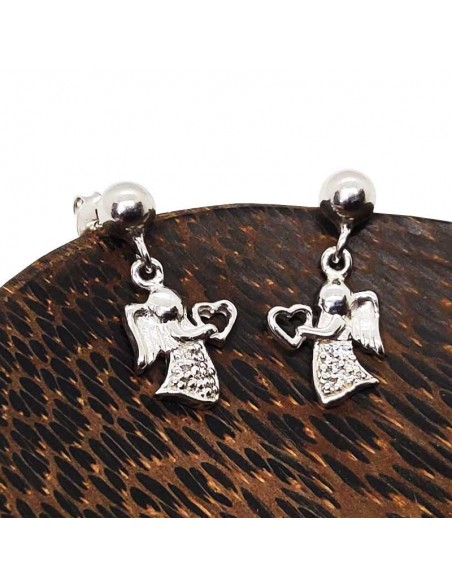 Boucles d'oreille Ange pendant tenant un coeur - Argent 925