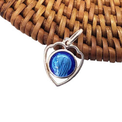 Medalla en forma de coraz&oacute;n de la Virgen Mar&iacute;a y Nuestra Se&ntilde;ora de Lourdes - esmalte azul