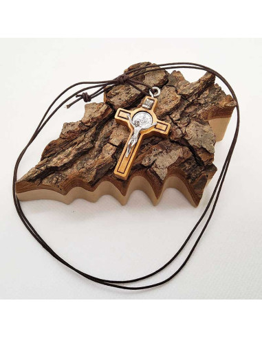 Saint Benedict cross necklace - leather cord and olive wood