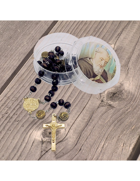 Rosary medal of Saint Benedict wood, gold metal