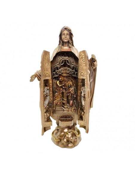 Statue Vierge Marie - Triptyque résine bronze - 27 cm - Ouverte.