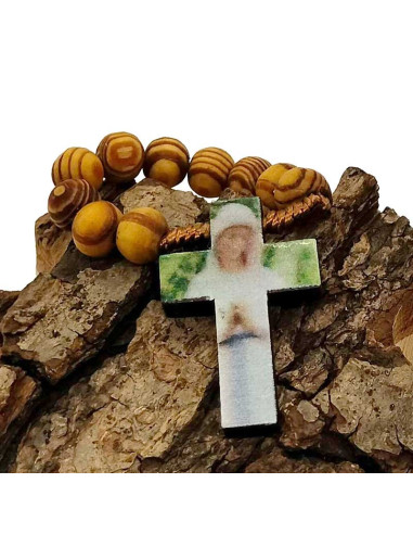 Rosenkranz aus braunem Holz, Porträt Unserer Lieben Frau von den Armen von Banneux – Vorderseite.