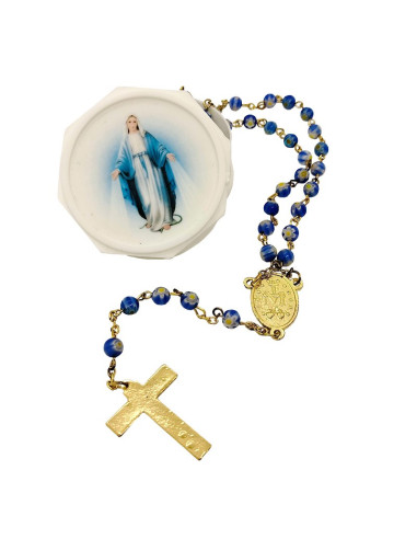 Blauwe rozenkrans in Murano-stijl met Mariadoosje