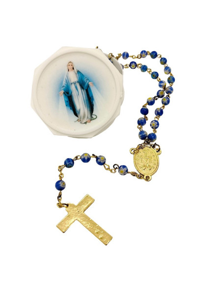 Blauwe rozenkrans in Murano-stijl met Mariadoosje