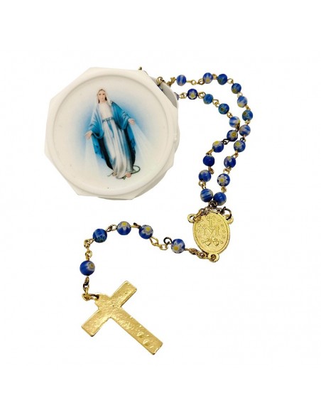 Miraculous Virgin Mary Rosary in Blue Murano – Box Included