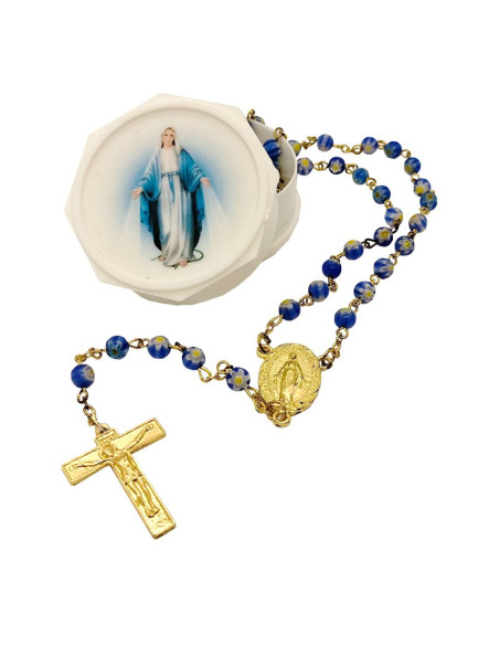 Blauwe rozenkrans in Murano-stijl met Mariadoosje