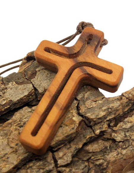 Cross of Christ necklace in olive wood and leather cord - curves