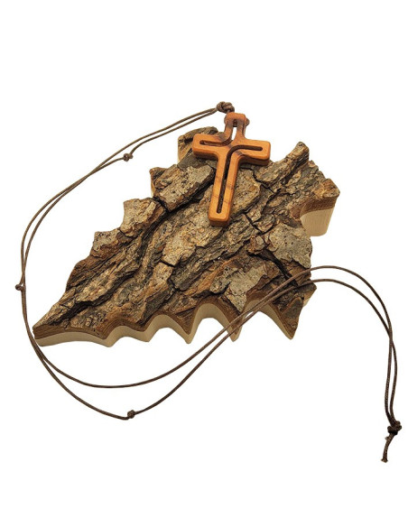 Collar Cruz de Cristo en madera de olivo y cordón de cuero - curvas