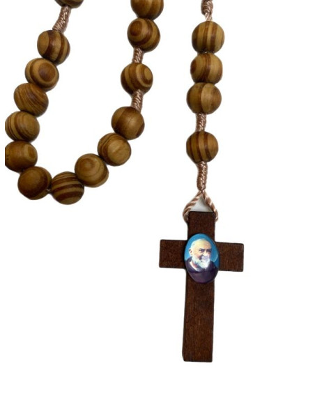 Autom Rosario San Padre Pio Da 10 Mm – Perle In Legno, Lunghezza 48,3 Cm, Con Scheda Preghiera Originale