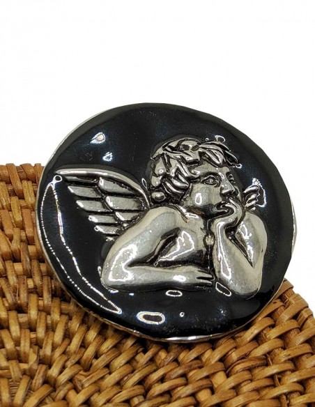 Broche ange noire métal argenté