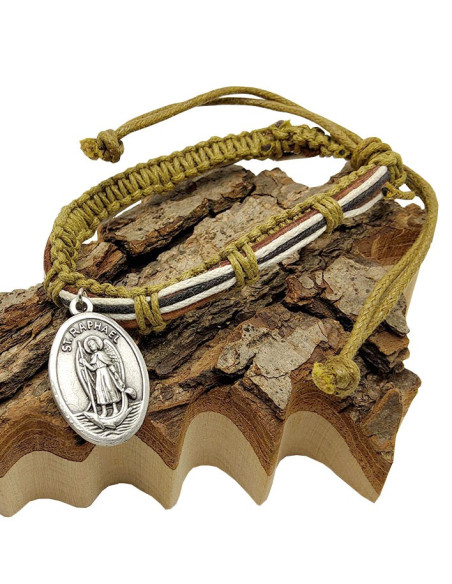 Leren macraméarmband Sint-Michiel en Sint-Rafaël – donker kaki
