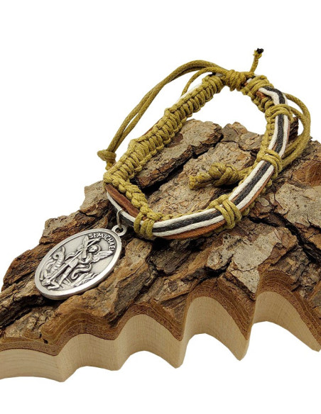 Bracciale macramè cuoio San Michele e San Raffaele – kaki scuro
