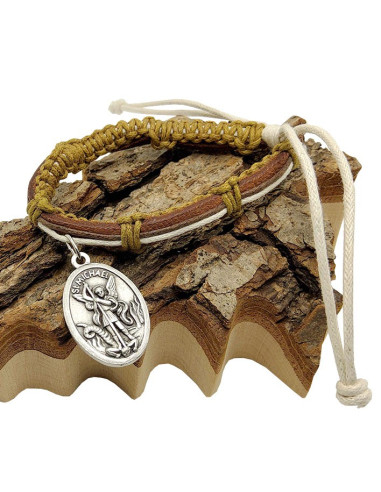 Bracciale in pelle intrecciata Arcangeli Saint Michel e Saint Raphaël - cachi e bianco