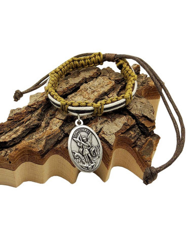Bracciale in pelle intrecciata Arcangeli Saint Michel e Saint Raphaël - cachi e marrone