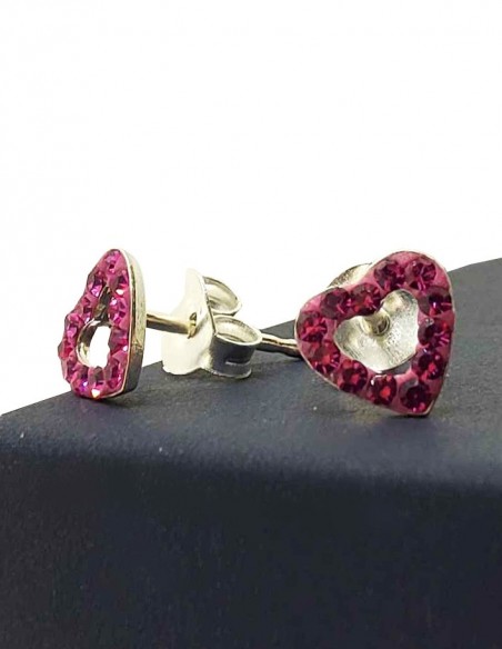 Boucles d'oreilles coeur cristal fuchsia - Argent 925