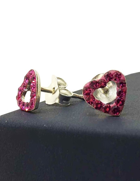 Fuchsia crystal heart earrings - 925 Sterling Silver