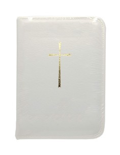 Housse pour Bible en cuir blanc croix dorée - Petit format