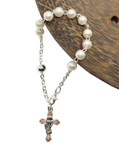 Pearl Bead Bracelet with Cross and Chalice - Rosary