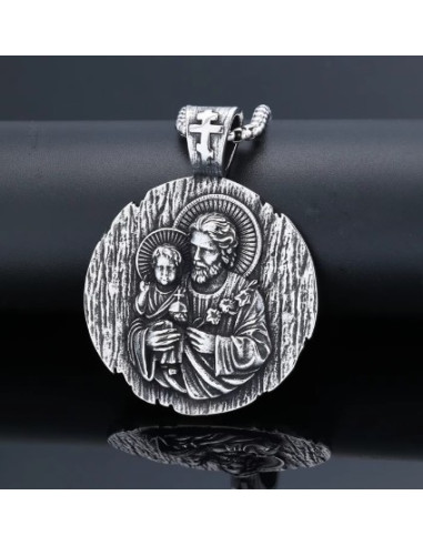 Grande medaglia di San Giuseppe in acciaio inossidabile con catena – Diametro 44 mm