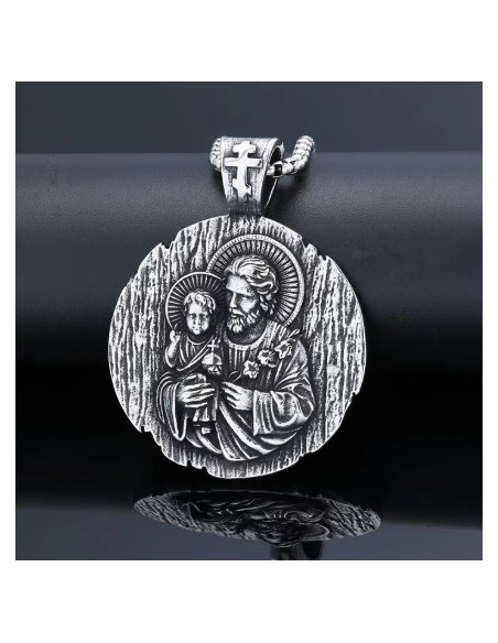 Médaille Saint Joseph en acier inoxydable avec chaîne - 44 mm