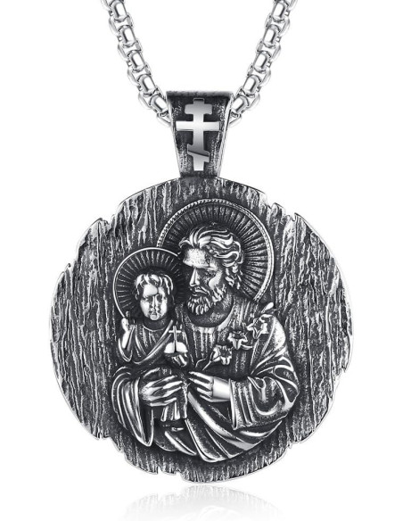 Grande medaglia di San Giuseppe in acciaio inossidabile con catena – Diametro 44 mm