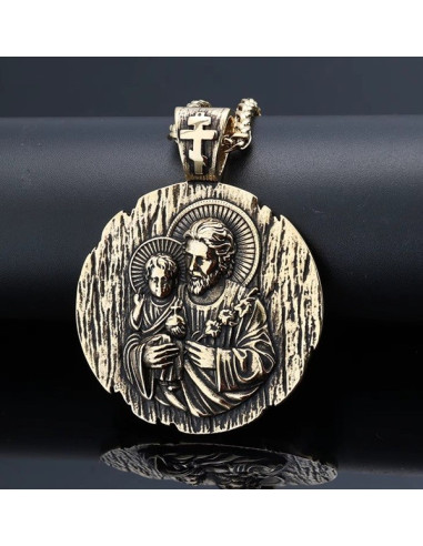 Große Medaille des Heiligen Josef aaus Edelstahl mit 18K vergoldeter Kette - 44 mm