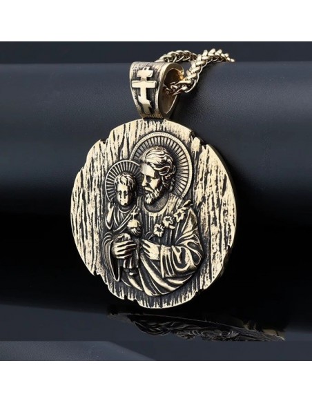 Sint-Jozef Medaille in roestvrij staal met 18K vergulde ketting - 44 mm