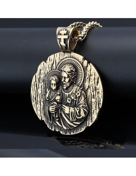 Große Medaille des Heiligen Josef aaus Edelstahl mit 18K vergoldeter Kette - 44 mm