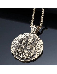 Große Medaille des Heiligen Josef aaus Edelstahl mit 18K vergoldeter Kette - 44 mm
