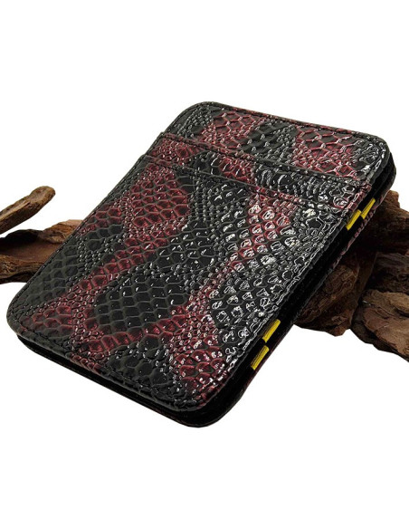 Porte-billet et porte-carte magique en similicuir noir et rouge effet serpent
