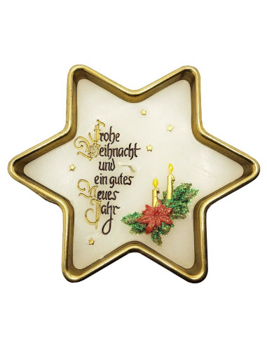 Kerze Frohe Weihnachten und ein gutes neues Jahr in einer Messingschale