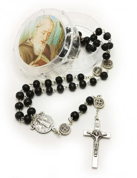 Rosario di San Benedetto in legno nero con moschettone d'argento
