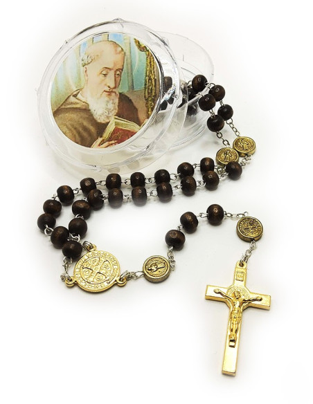 Saint Benedict medal rosary, gold metal wood - carabiner