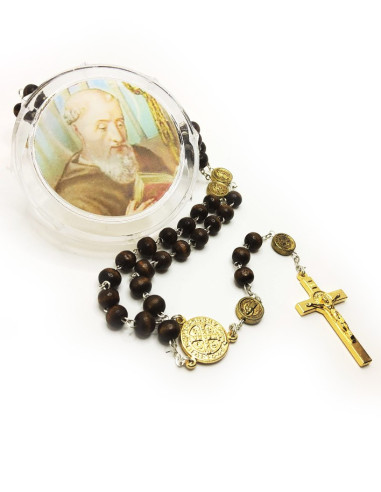Rosario medaglia di San Benedetto, legno metallo dorato - moschettone