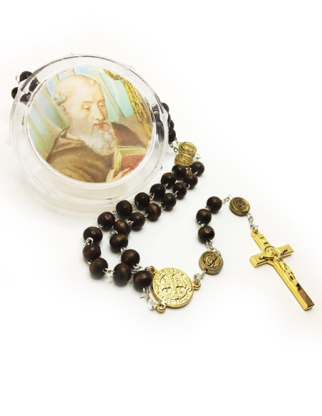 Rosario medaglia di San Benedetto, legno metallo dorato - moschettone