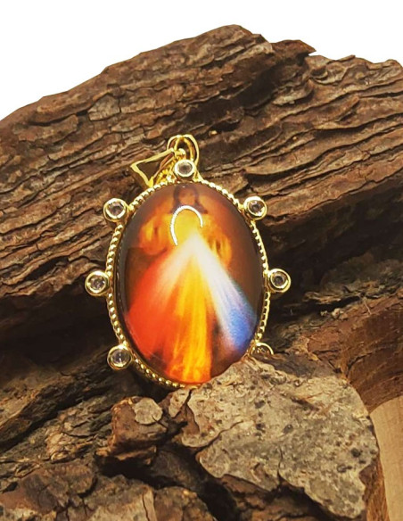 Medalla de Cristo Misericordioso - Metal dorado y strass