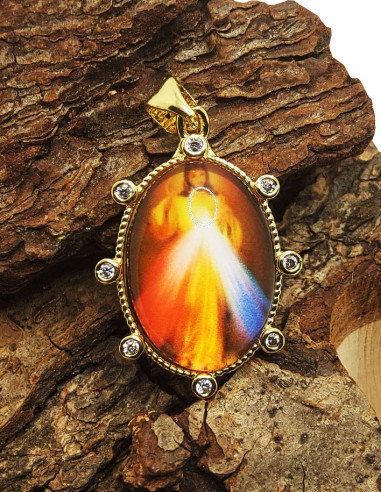 Medaglia di Cristo Misericordioso - Metallo placcato oro e strass
