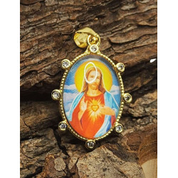 Medalla del Sagrado Coraz&oacute;n de Jes&uacute;s - Metal ba&ntilde;ado en oro y pedrer&iacute;a