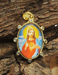 Sacred Heart of Jesus Medal - Gold-Plated Metal and Rhinestones