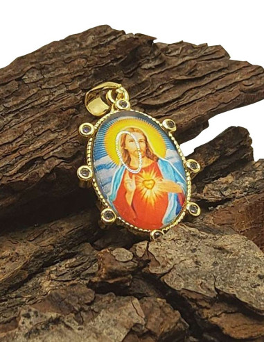 Medaille des Heiligen Herzens Jesu - Vergoldetes Metall und Strasssteine