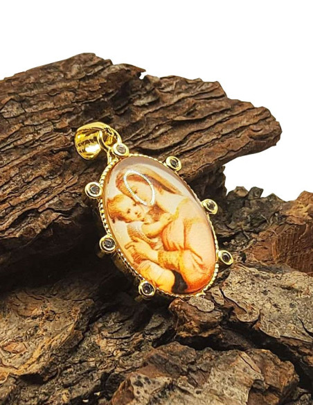 Médaille de la Vierge à l'Enfant - Métal doré et strass