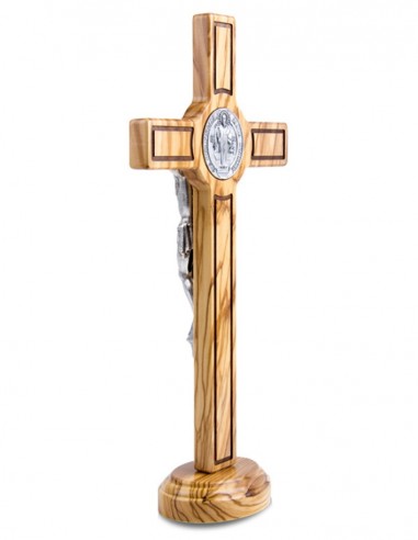 Croix Saint Benoit en bois d'olivier - 30 cm - sur base