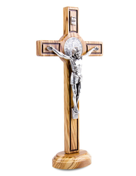 Olive Wood Saint Benedict Cross - 30 cm - on Base