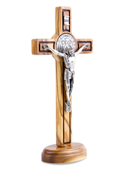 Croce di San Benedetto in legno d'ulivo - 21 cm - su base
